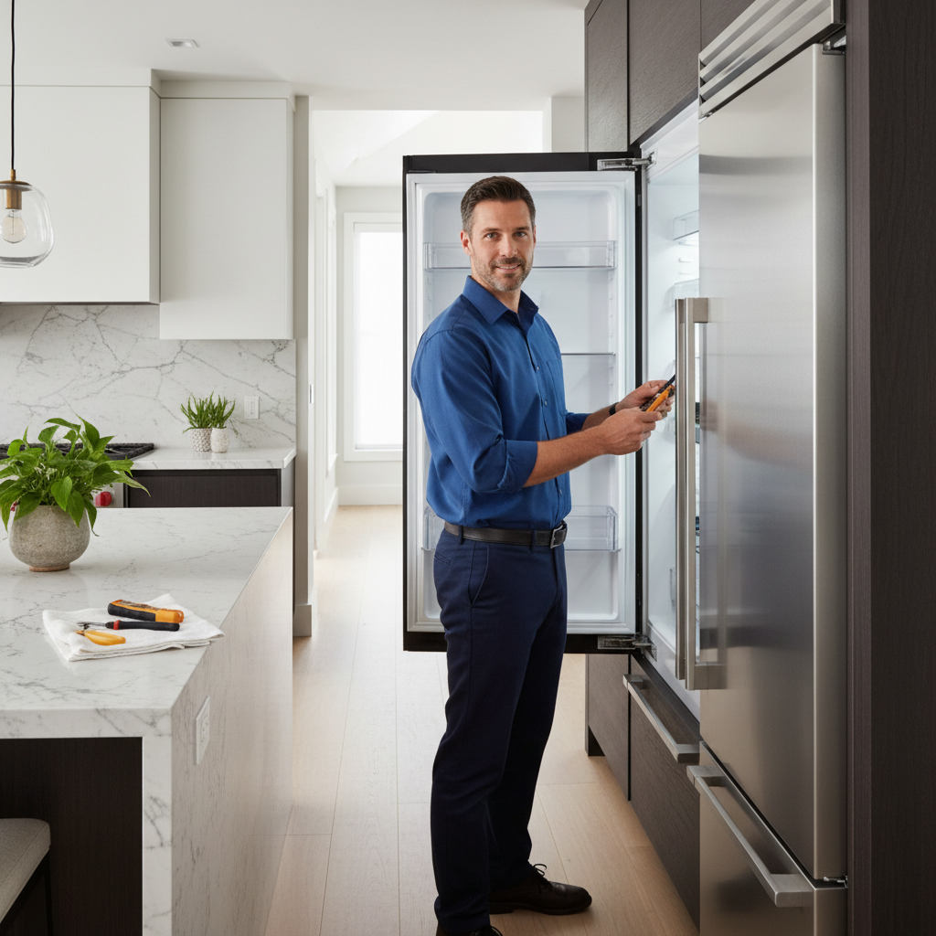 Professional technician inspecting a built-in refrigerator